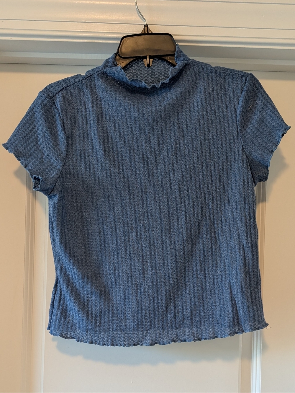 Blue Ribbed Mock Neck Short Sleeve Top